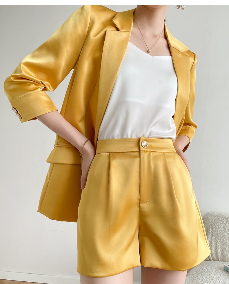 Yellow Satin Pant Suit, Designer Woman Suit Jacket + Pant Set Shiny Pure Colored Summer Short Casual/ Formal / Party Gift for her