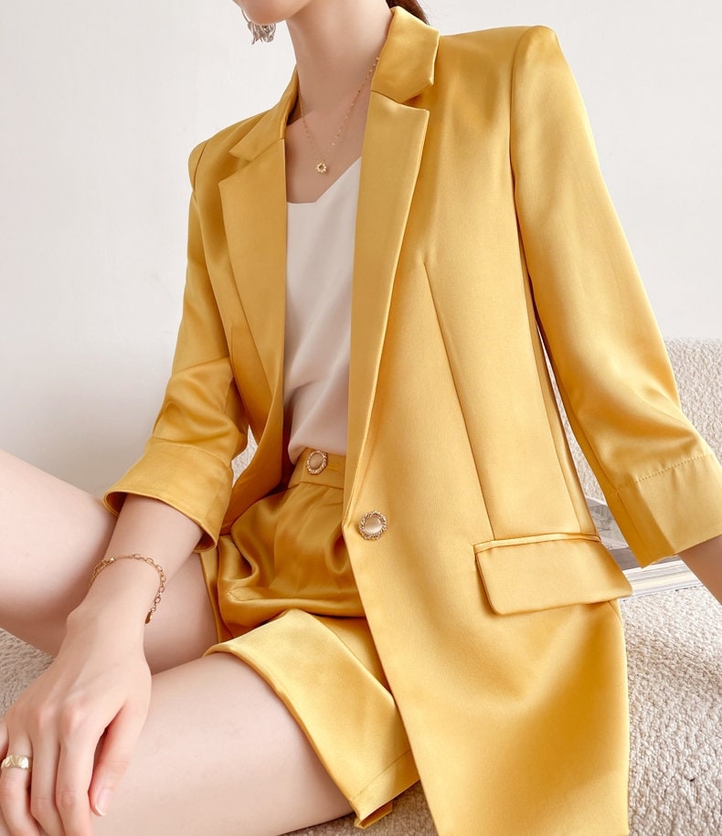 Yellow Satin Pant Suit, Designer Woman Suit Jacket + Pant Set Shiny Pure Colored Summer Short Casual/ Formal / Party Gift for her