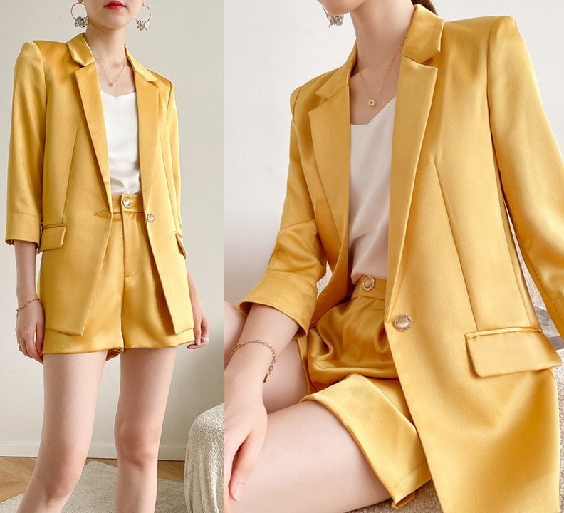 Yellow Satin Pant Suit, Designer Woman Suit Jacket + Pant Set Shiny Pure Colored Summer Short Casual/ Formal / Party Gift for her