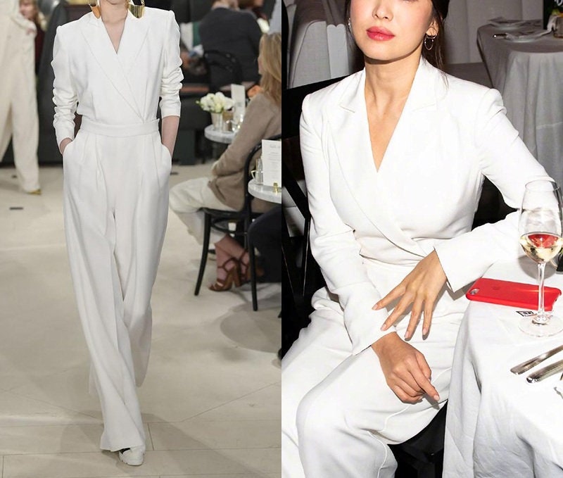 White Jumpsuit Pant Suit, Designer Woman Suite Jacket & Pant in one piece, Casual/ Party / Formal Fit Gift for her