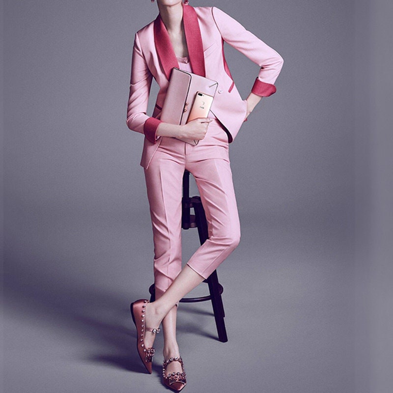 Pink Suit Jacket + Pant + Vest set, Woman Designer Pant Suit Variance Colored Long Slim Cut Tight Fit for Casual/ Formal Gift for her