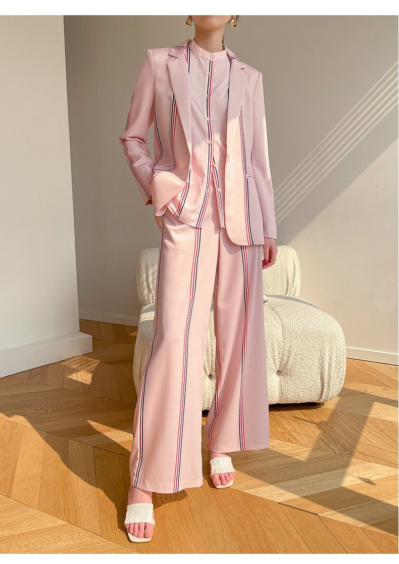 Pink Pantsuit, Blazer+Pants+Shirt (3 pcs a set) Designer Woman Suit Jacket Long Pants Blouse for Casual/ Formal Gift for her