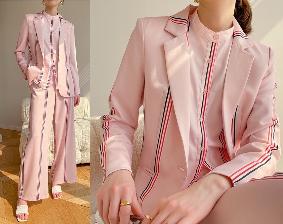 Pink Pantsuit, Blazer+Pants+Shirt (3 pcs a set) Designer Woman Suit Jacket Long Pants Blouse for Casual/ Formal Gift for her