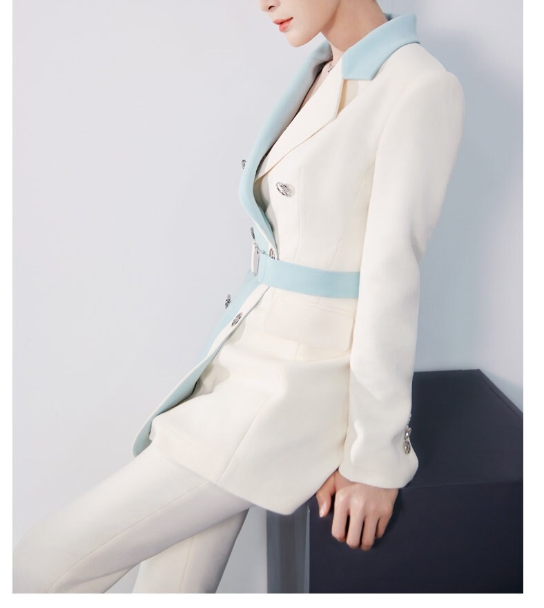 Pastel Suitpant Set, Designer Woman Suit Jacket + Pants Asymmetric Colored with Belt for Formal/ Smart Casual Gift for her