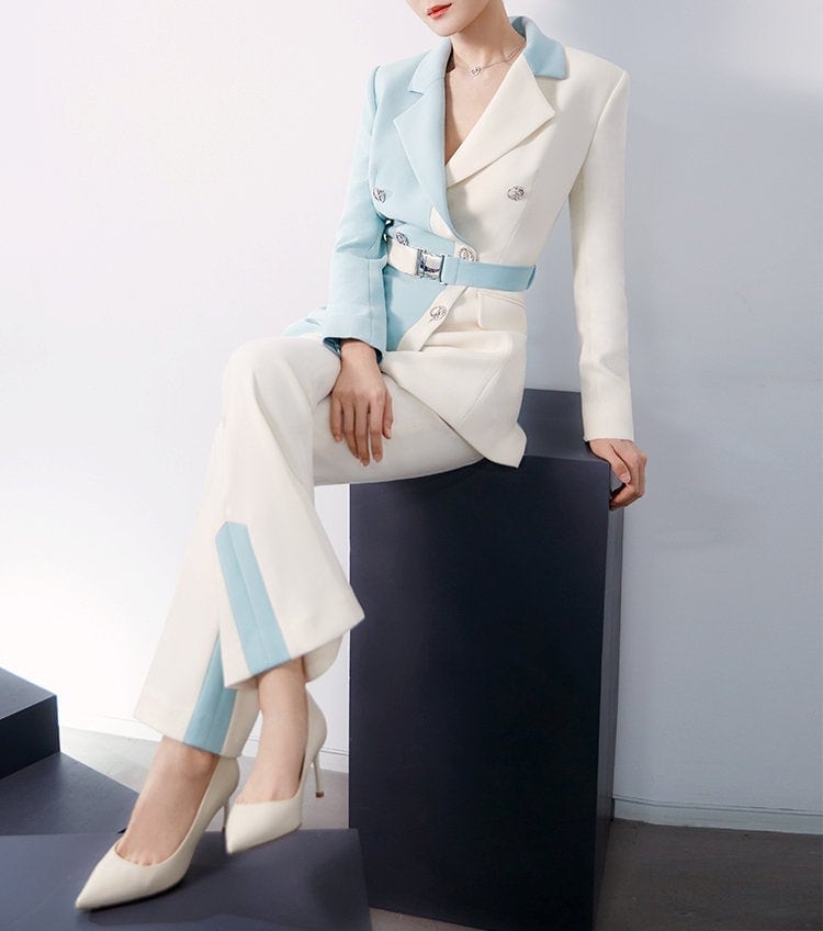 Pastel Suitpant Set, Designer Woman Suit Jacket + Pants Asymmetric Colored with Belt for Formal/ Smart Casual Gift for her