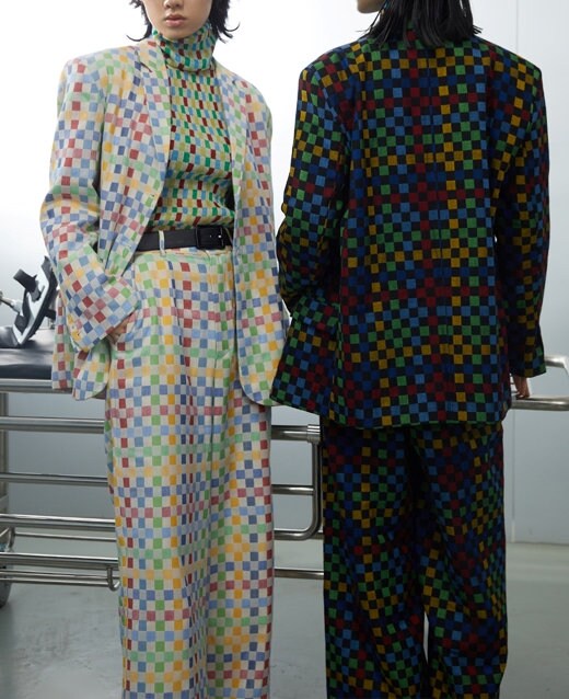 Rainbow Checkered Blazer + Pants, Designer Woman Pantsuits in geometric pattern graphics colorful vintage suit jacket formal casual