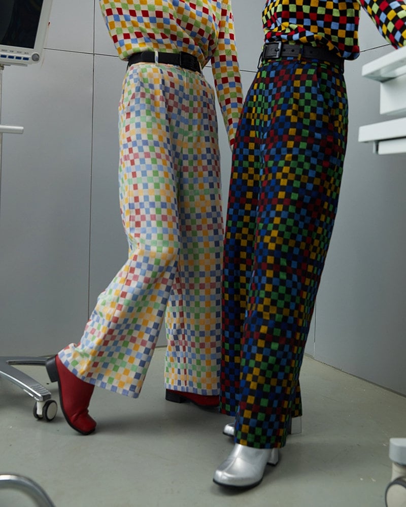 Rainbow Checkered Blazer + Pants, Designer Woman Pantsuits in geometric pattern graphics colorful vintage suit jacket formal casual