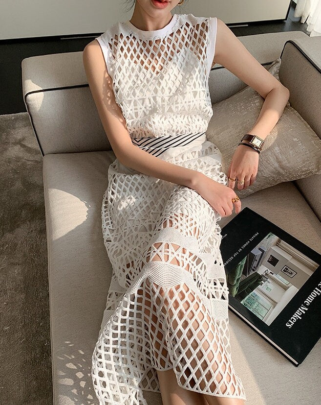 White Lace One Piece with Inner Dress, Designer Woman Minimalist Style Slim Cut Long Dress for Casual/ Formal/ Gift for her