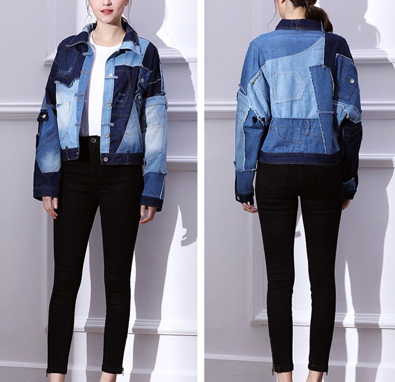 Asymmetric Denim Jacket, Collage Art Patchwork Jeans Woman Top for Cassual/ Party/ Holiday/ Gift for her