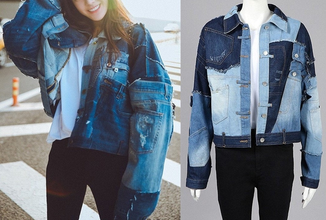 Asymmetric Denim Jacket, Collage Art Patchwork Jeans Woman Top for Cassual/ Party/ Holiday/ Gift for her