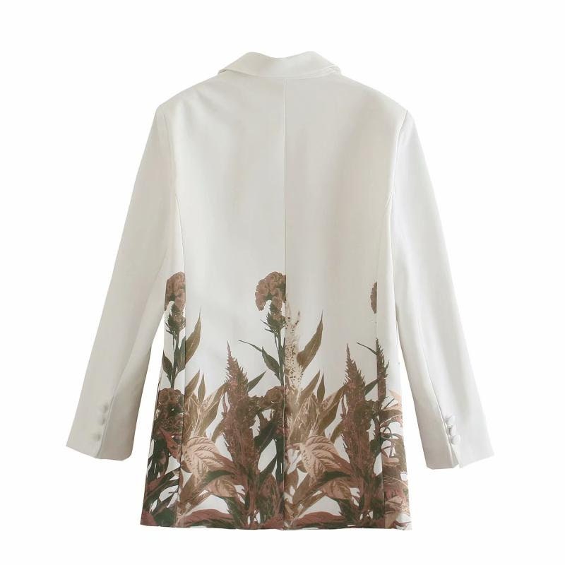 Floral Pattern Blazer, Designer Woman Suit Jacket with Graphics Print both Sides White Color for Smart Casual/ Formal/ Gift for her