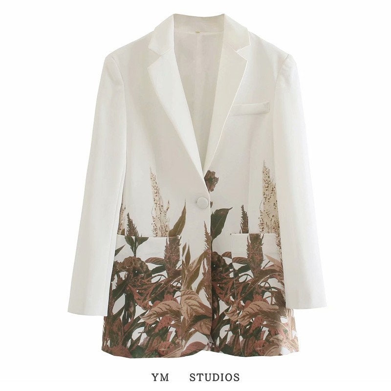 Floral Pattern Blazer, Designer Woman Suit Jacket with Graphics Print both Sides White Color for Smart Casual/ Formal/ Gift for her