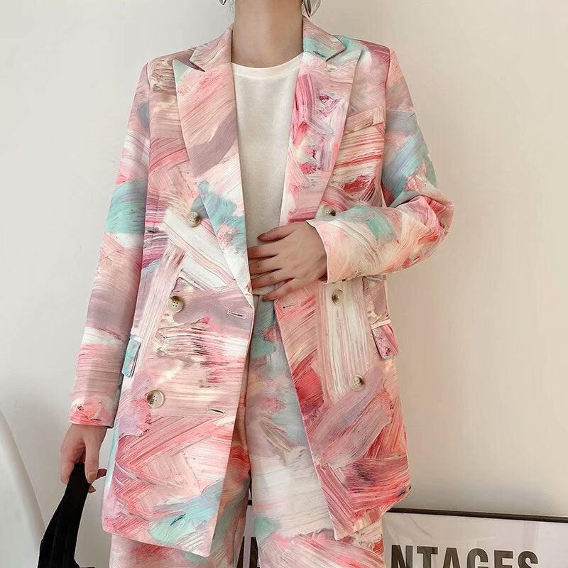 Pink Tie Dye Blazer + Shorts, Woman Suit Jacket Graffiti Pattern Short Pants Painting Strokes for Smart Casual/ Formal/ Gift for her