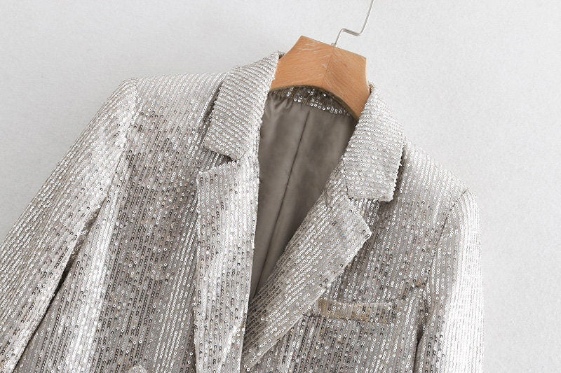 Silver Shiny Blazer, Designer Woman Suit Jacket for Smart Casual/ Formal/ Party/ Gift for her