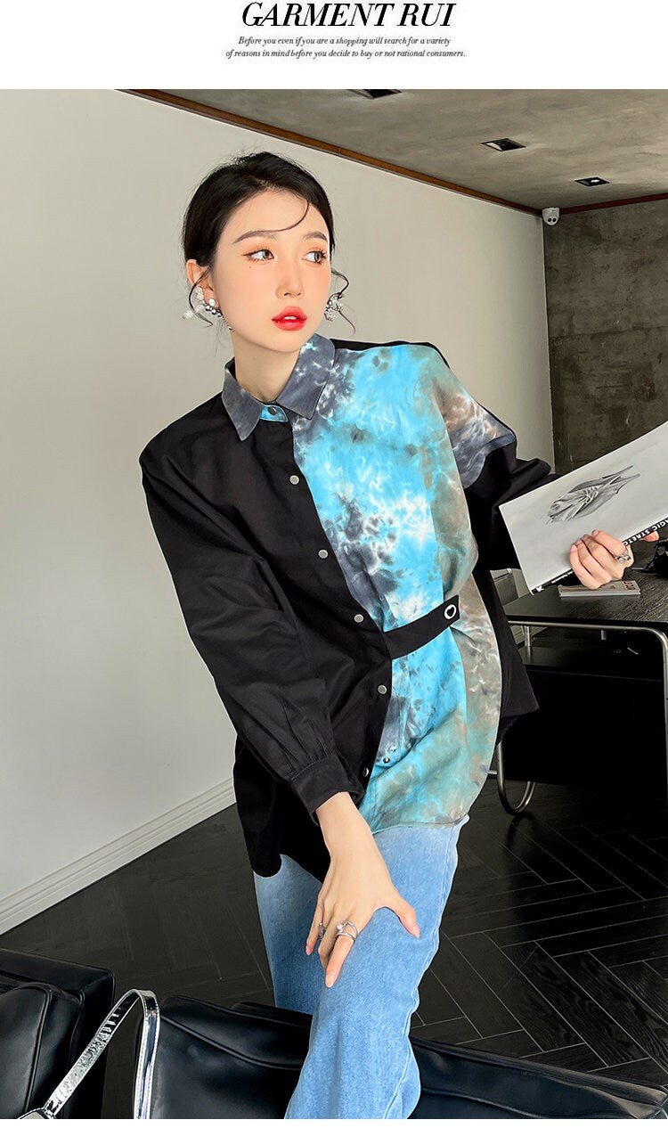 Tie Dye Blue Art Blouse, Designer Woman Asymmetric Style Gracphics Pattern Collared Shirt for Smart Casual/ Formal/ Gift for her