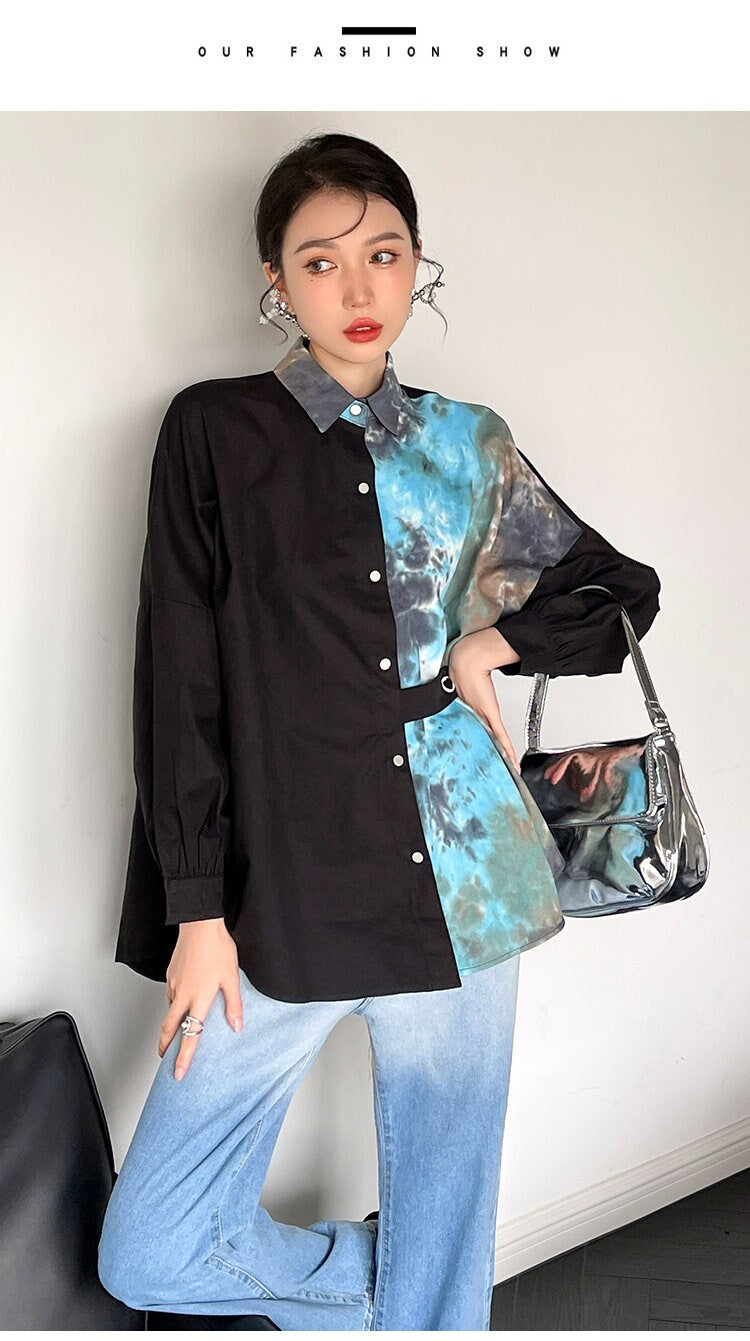 Tie Dye Blue Art Blouse, Designer Woman Asymmetric Style Gracphics Pattern Collared Shirt for Smart Casual/ Formal/ Gift for her