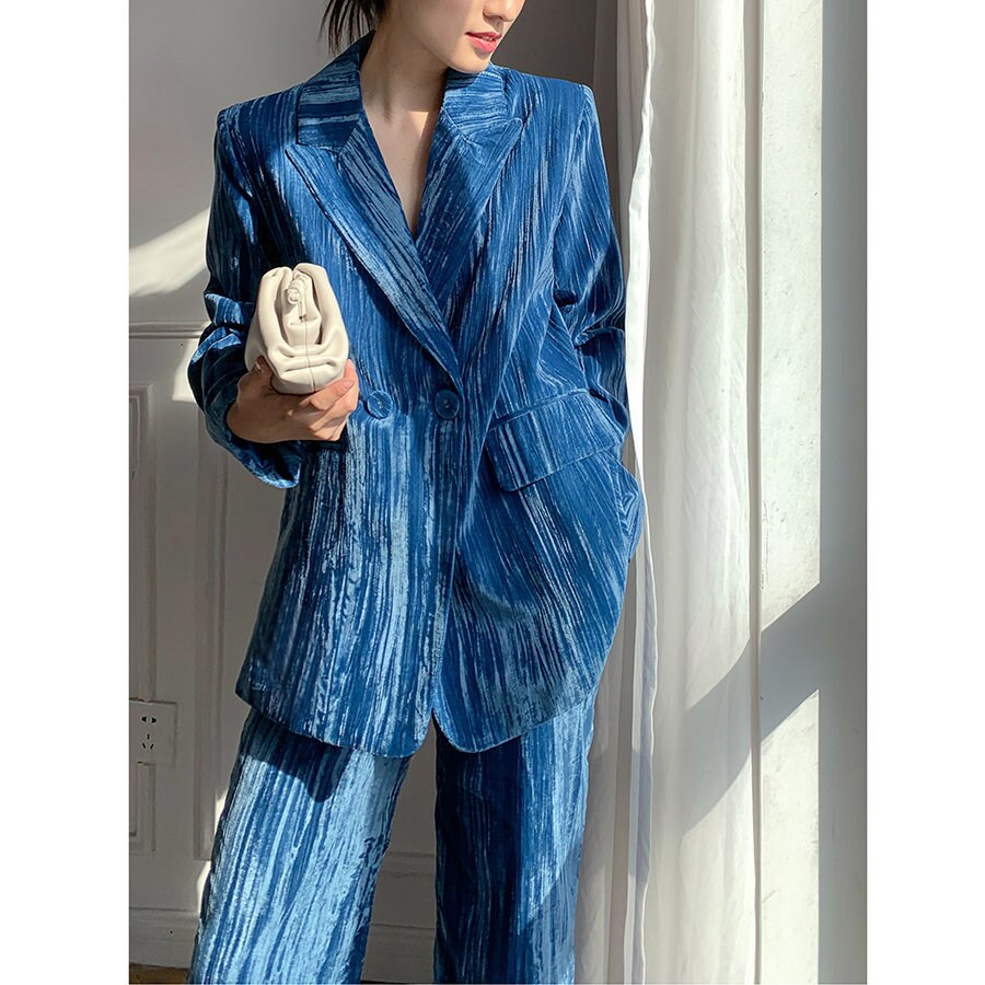 Blue Velvet Pantsuit, Designer Woman Grand Material Trendy Korean Style Suit Jacket + Pants for Smart Casual/ Formal/ Gift for her