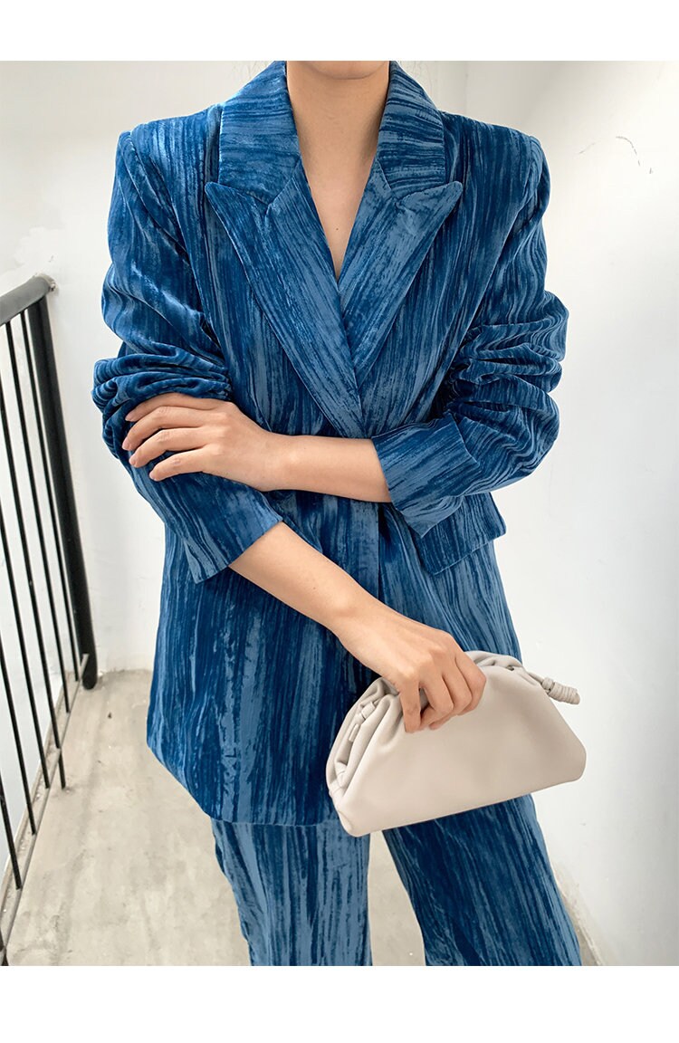 Blue Velvet Pantsuit, Designer Woman Grand Material Trendy Korean Style Suit Jacket + Pants for Smart Casual/ Formal/ Gift for her