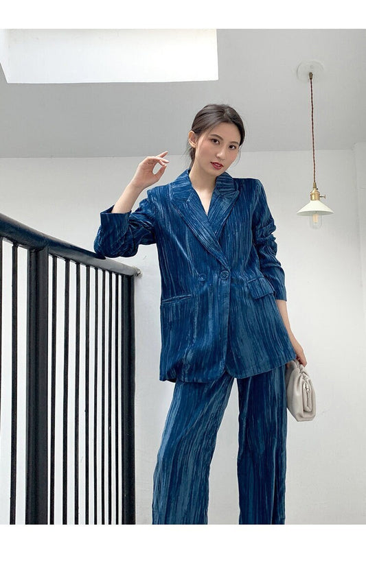 Blue Velvet Pantsuit, Designer Woman Grand Material Trendy Korean Style Suit Jacket + Pants for Smart Casual/ Formal/ Gift for her