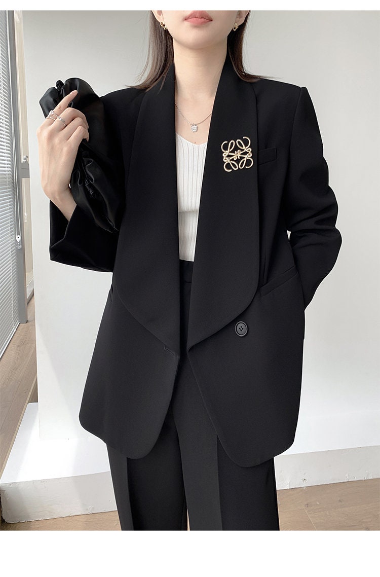 Black Big Collar Pantsuit, Designer Woman Korean Style Montone Minimalist Suit Jacket + Pants for Smart Casual/ Formal/ Gift for her