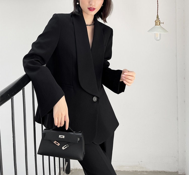 Black Big Collar Pantsuit, Designer Woman Korean Style Montone Minimalist Suit Jacket + Pants for Smart Casual/ Formal/ Gift for her