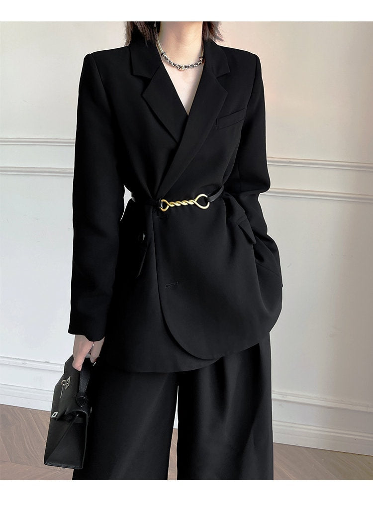 Black Chic Pantsuit, Designer Woman Korean Minimalist Montone Suit Jacket + Pants for Smart Casual/ Formal/ Gift for her