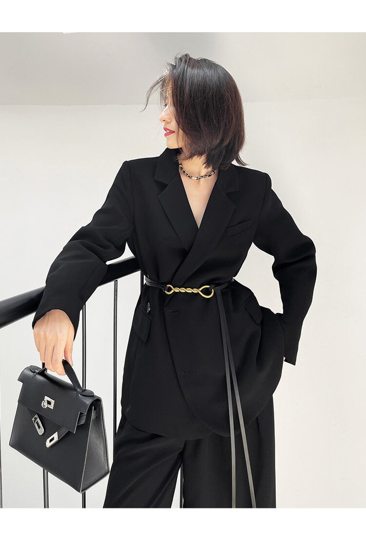 Black Chic Pantsuit, Designer Woman Korean Minimalist Montone Suit Jacket + Pants for Smart Casual/ Formal/ Gift for her