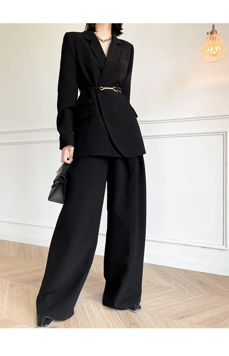 Black Chic Pantsuit, Designer Woman Korean Minimalist Montone Suit Jacket + Pants for Smart Casual/ Formal/ Gift for her