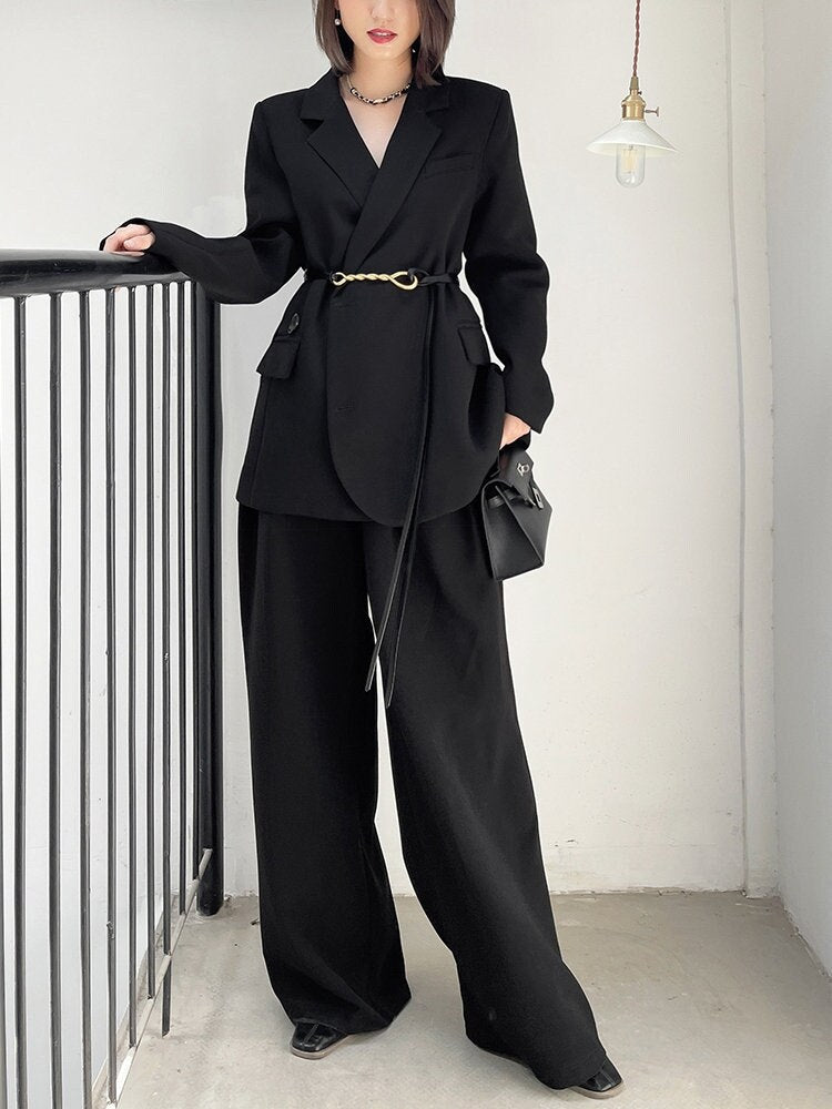 Black Chic Pantsuit, Designer Woman Korean Minimalist Montone Suit Jacket + Pants for Smart Casual/ Formal/ Gift for her