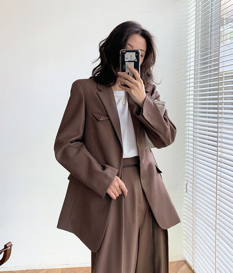 Brown Chic Pantsuit, Designer Woman Korean Style Minimalist Montone Suit Jacket + Pants for Smart Casual/ Formal/ Gift for her