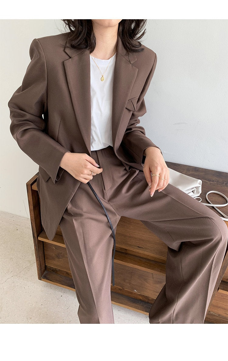 Brown Chic Pantsuit, Designer Woman Korean Style Minimalist Montone Suit Jacket + Pants for Smart Casual/ Formal/ Gift for her