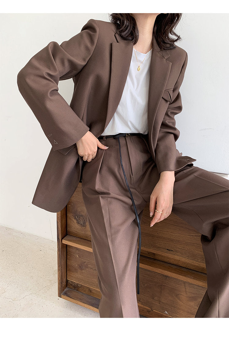 Brown Chic Pantsuit, Designer Woman Korean Style Minimalist Montone Suit Jacket + Pants for Smart Casual/ Formal/ Gift for her