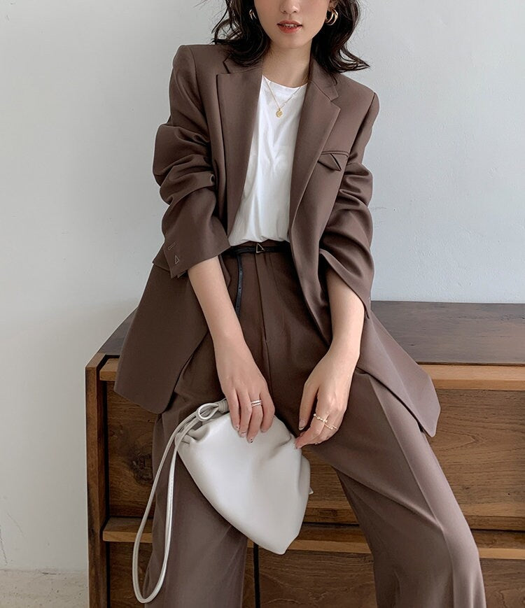 Brown Chic Pantsuit, Designer Woman Korean Style Minimalist Montone Suit Jacket + Pants for Smart Casual/ Formal/ Gift for her