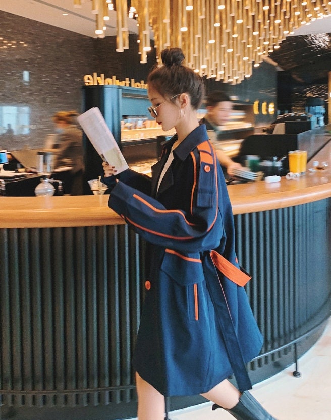 Blue Trench Coat with Orange Strapes, Designer Woman Raincoat Korean Colorful Style Loose Fit for Smart Casual/ Formal/ Gift for her