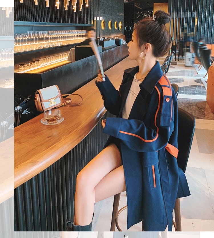 Blue Trench Coat with Orange Strapes, Designer Woman Raincoat Korean Colorful Style Loose Fit for Smart Casual/ Formal/ Gift for her