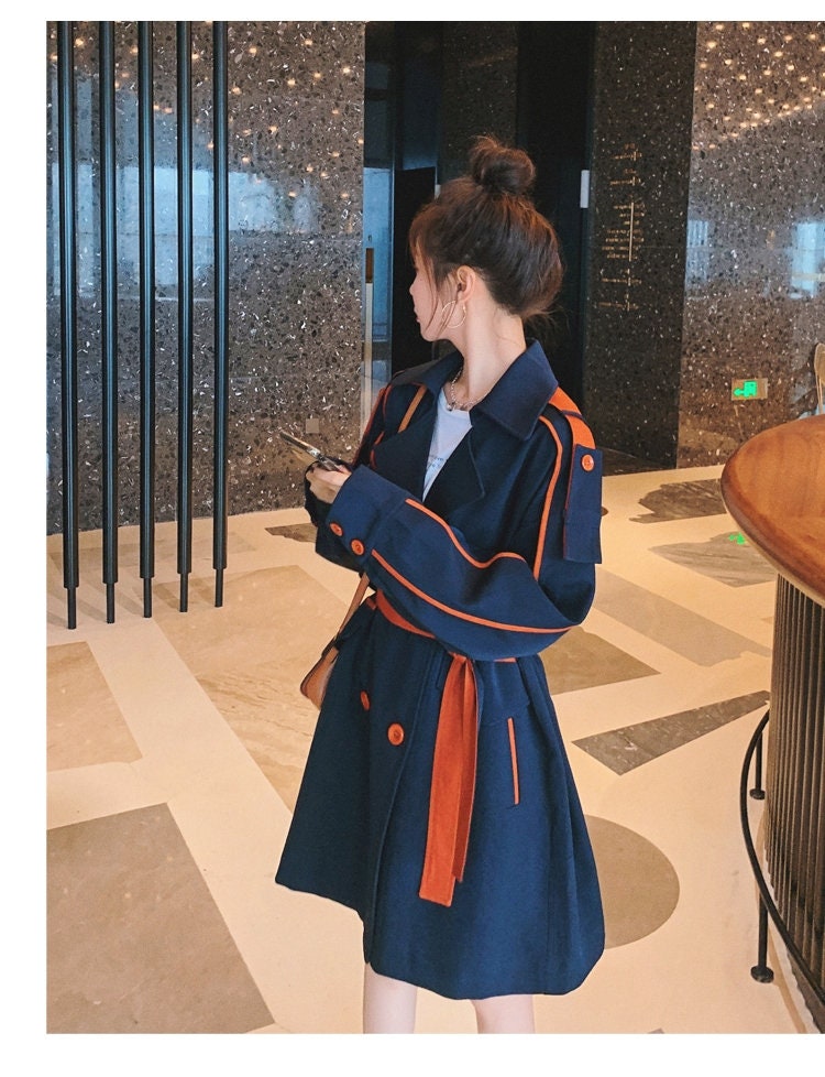 Blue Trench Coat with Orange Strapes, Designer Woman Raincoat Korean Colorful Style Loose Fit for Smart Casual/ Formal/ Gift for her