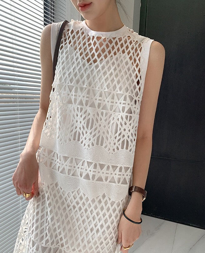 White Lace One Piece with Inner Dress, Designer Woman Minimalist Style Slim Cut Long Dress for Casual/ Formal/ Gift for her