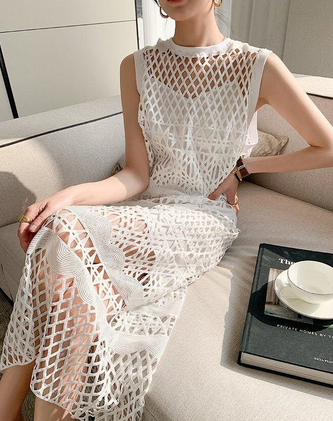 White Lace One Piece with Inner Dress, Designer Woman Minimalist Style Slim Cut Long Dress for Casual/ Formal/ Gift for her