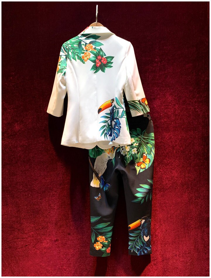 Rainforest Graphics Suitpants, Designer Woman Suit Jacket + Pants in Floral Nature Pattern Short Sleeves for Smart Casual/ Formal