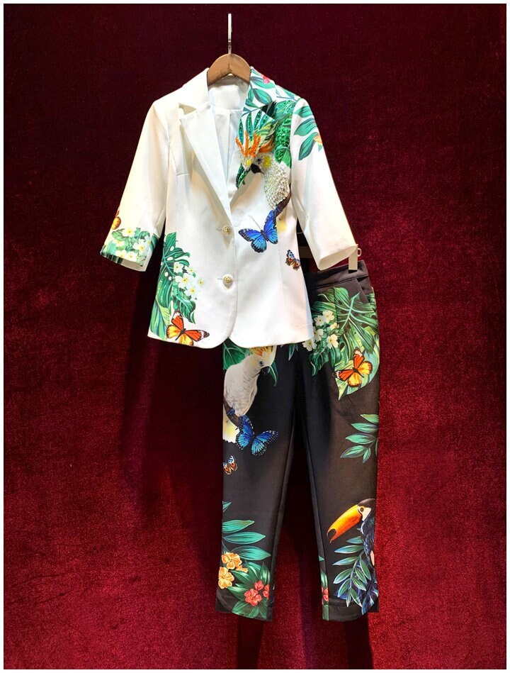 Rainforest Graphics Suitpants, Designer Woman Suit Jacket + Pants in Floral Nature Pattern Short Sleeves for Smart Casual/ Formal