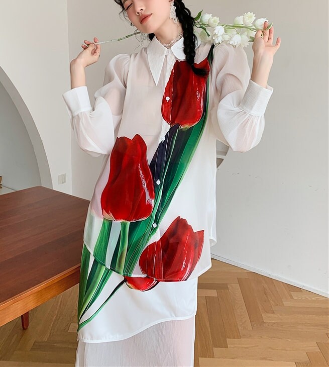 Rose Painting Blouse + Dress, Designer Woman Collar Button Shirt + Skirt with Floral Graphics for Smart Casual/ Formal/ Gift for her