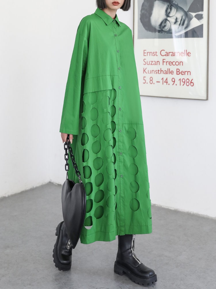 Designer Green Sweaterdress with Die-cut Holes, Sleeved Women Top blouse , one size fit all, casual or formal, gift for her