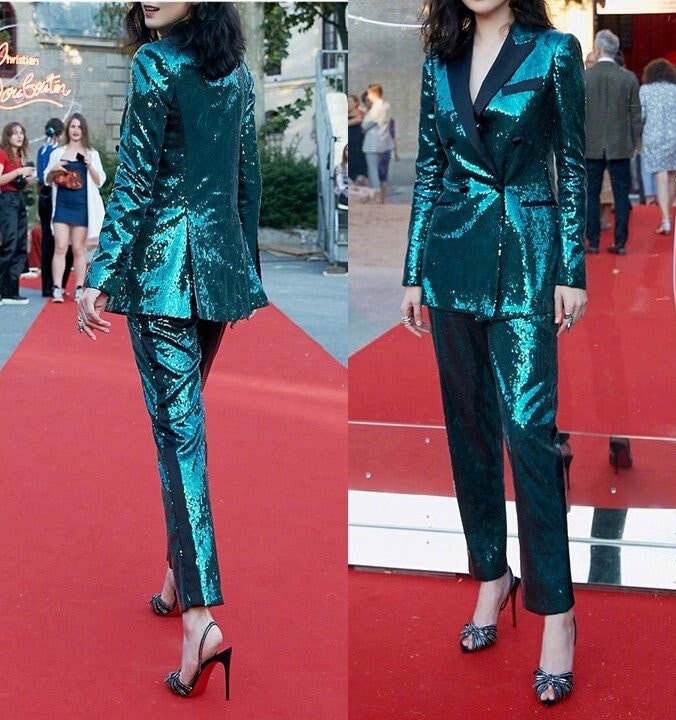 Green Sequin Pantsuit, Designer Woman Suit Jacket + Pants Shiny Material Slim Cut for Smart Casual/ Formal/ Gift for her