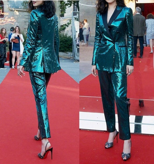 Green Sequin Pantsuit, Designer Woman Suit Jacket + Pants Shiny Material Slim Cut for Smart Casual/ Formal/ Gift for her