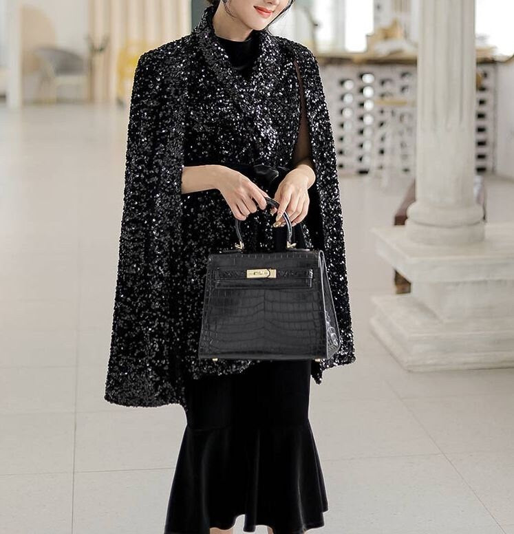 Black Sequin Dress Suit, Designer Woman Suit Jacket + Dress Set in Shiny Material for Smart Casual/ Formal/ Gift for her