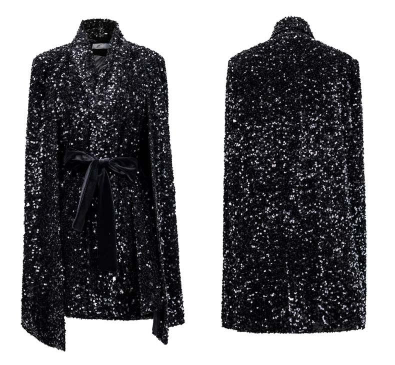 Black Sequin Dress Suit, Designer Woman Suit Jacket + Dress Set in Shiny Material for Smart Casual/ Formal/ Gift for her