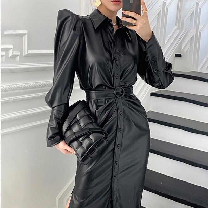 All Black One Piece Dress, Deisgner Woman Long PU Dress Korean Minimalist Style for Formal/ Smart Casual/ Gift for her