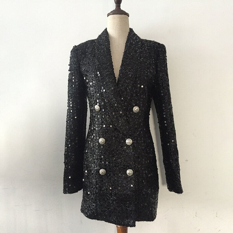 Black Sequin Double Row Buttons Long Blazer, Designer Woman Shiny Suit Jacket Silm Cut Model Catwalk for Party/ Event/Formal/ Gift for her