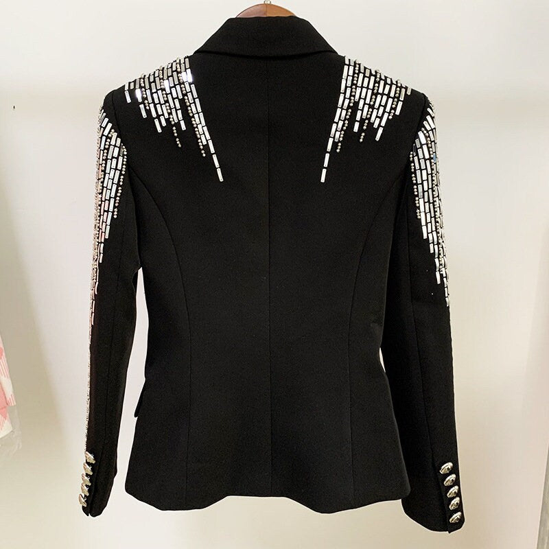 Metallic Art Blazer, Designer Woman Black Suit Jacket Rock Metal Slim Cut for Smart Casual/ Formal/ Music Event/ Gift for her