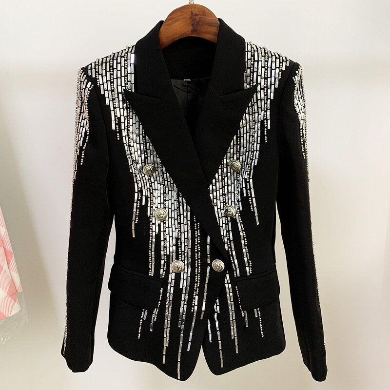 Metallic Art Blazer, Designer Woman Black Suit Jacket Rock Metal Slim Cut for Smart Casual/ Formal/ Music Event/ Gift for her